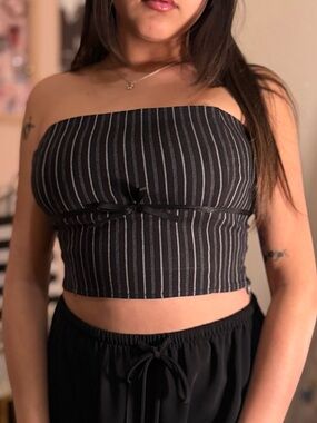 Striped Black Bandeau Crop Top with Bow Detail